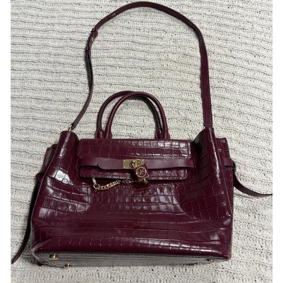 Michael Kors Hamilton Legacy Crocodile Embossed Leather Belted Satchel Burgundy - Picture 4 of 16